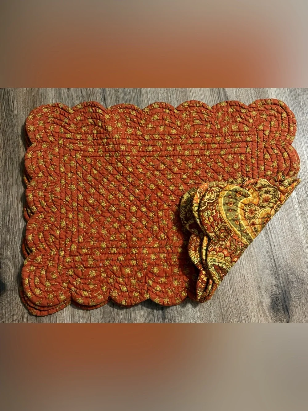 Quilted Paisley Reversible Placemats - 3 Piece Set - Shades of Rust and Mustard